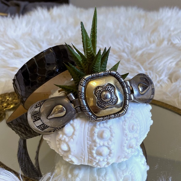 Vintage Accessories - Vintage black reptile leather western belt, brass/ silver buckle, Sz M 🇨🇦